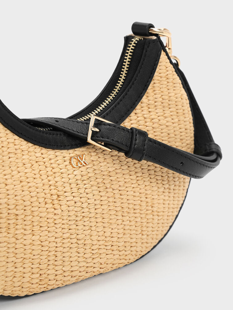 حقيبة هوبو بتصميم هلالي من الجلد والرافيا, بيج رافيا أنيق, hi-res