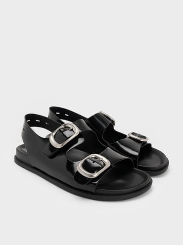 Buckled Double-Strap Slingback Sandals, Black Boxed, hi-res