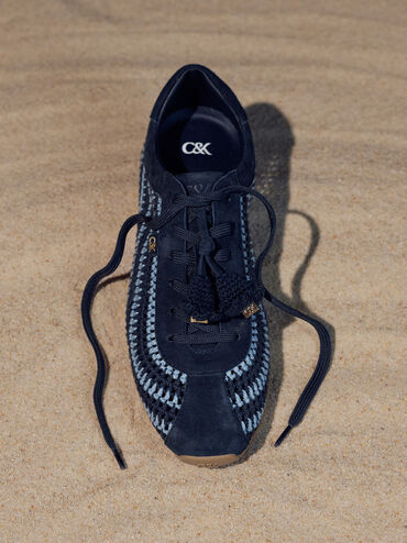 Jace Crochet & Suede Flower Sneakers, Blue, hi-res