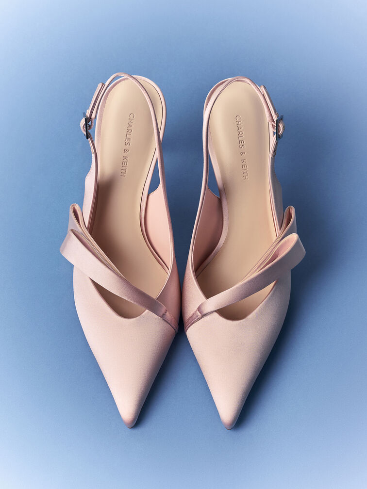 Satin Pleated-Strap Slingback Pumps, Pink, hi-res