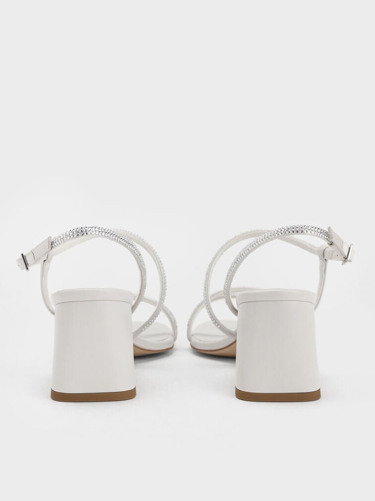 Satin Crystal-Embellished Block-Heel Strappy Sandals, White, hi-res