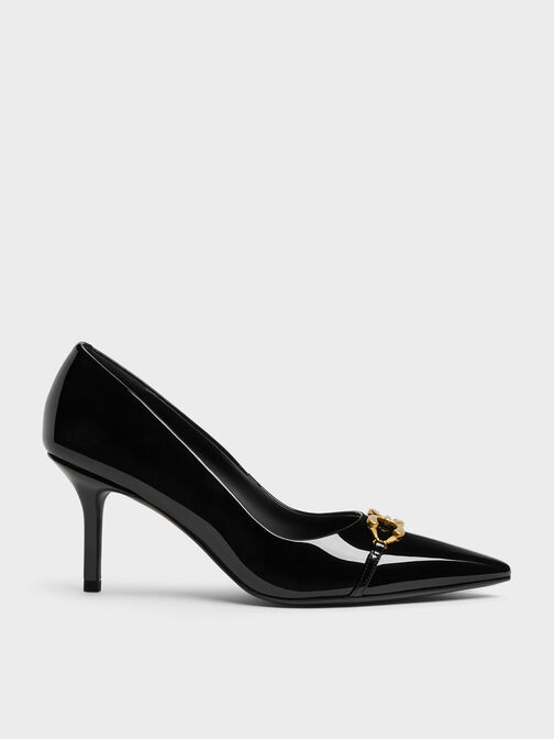 Patent Metallic-Buckle Pointed Pumps, Black Patent, hi-res