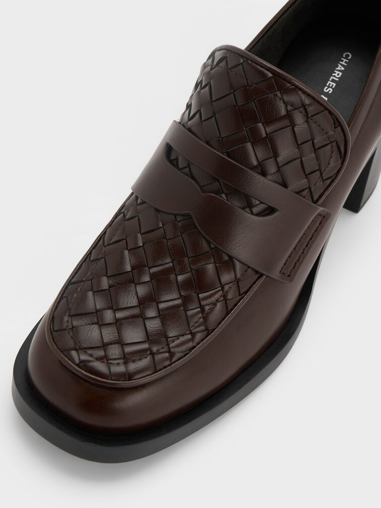 Woven-Detail Penny Loafer Block-Heel Pumps, Dark Brown, hi-res