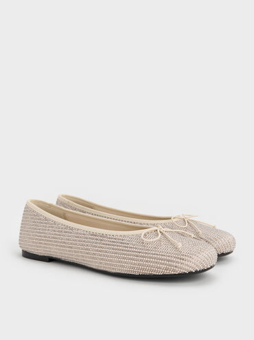 Satin Crystal-Pearl Bow Ballet Flats, Gold, hi-res