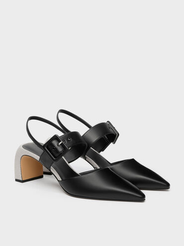 Two-Tone Buckled Pointed Slingback Pumps, Black, hi-res