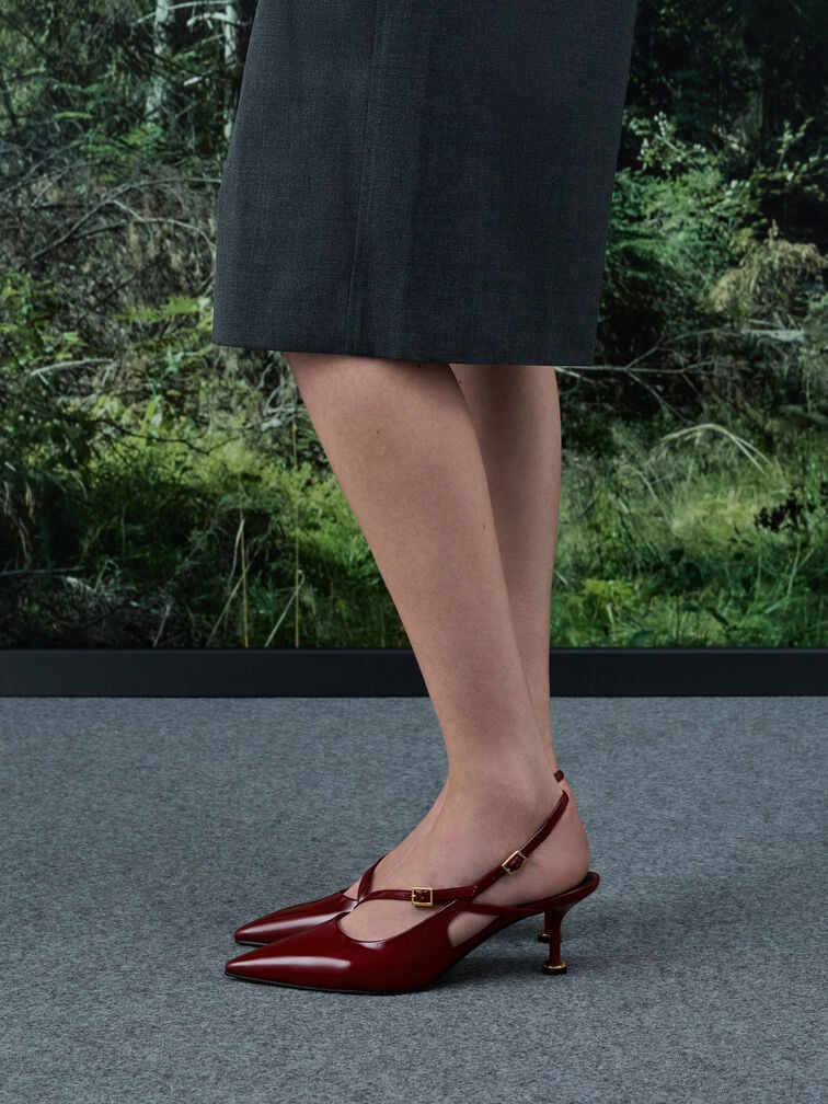 Wynn Patent Buckled Sculptural-Heel Slingback Pumps, Red, hi-res