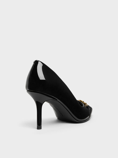 Patent Metallic-Buckle Pointed Pumps, Black Patent, hi-res