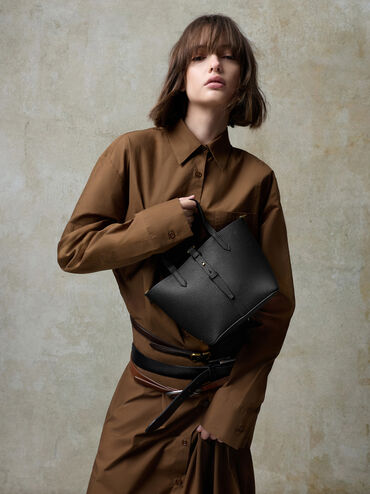 Beryl Belted Bucket Bag, Black, hi-res