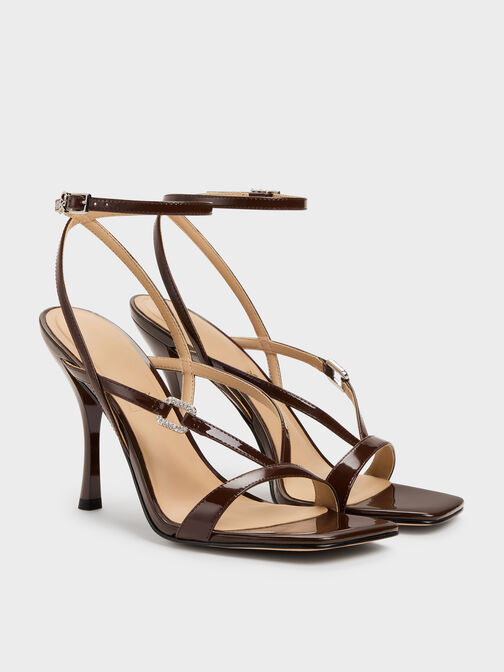 Patent Leather Crystal-Buckle Ankle-Strap Heels, Dark Brown, hi-res