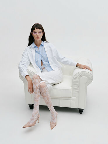 Lace & Satin Slingback Pumps, Nude, hi-res