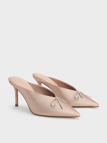 Crystal-Bow Pointed-Toe Heeled Mules, Nude, hi-res