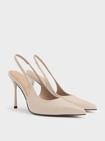 Leather Slingback Stiletto Pumps, Oat, hi-res