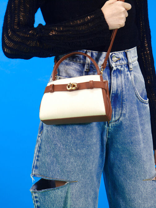 Aubrielle Canvas Belted Top Handle Bag, Taupe Canvas, hi-res