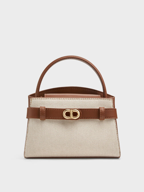 Aubrielle Canvas Belted Top Handle Bag, Taupe Canvas, hi-res