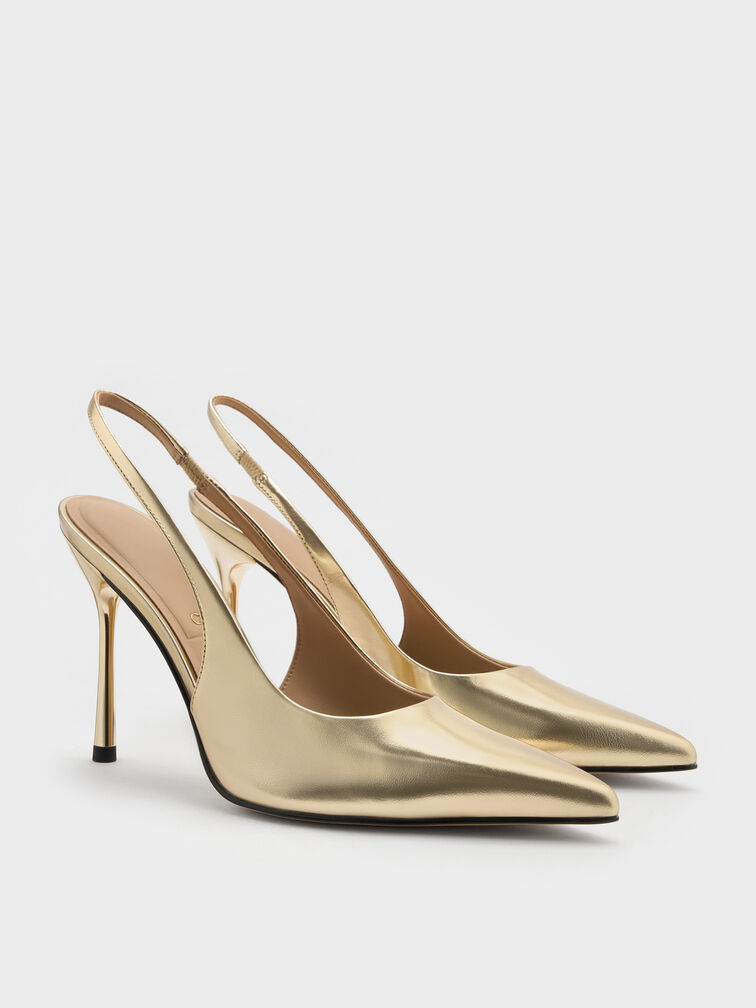 Metallic Leather Slingback Stiletto Pumps, Gold, hi-res