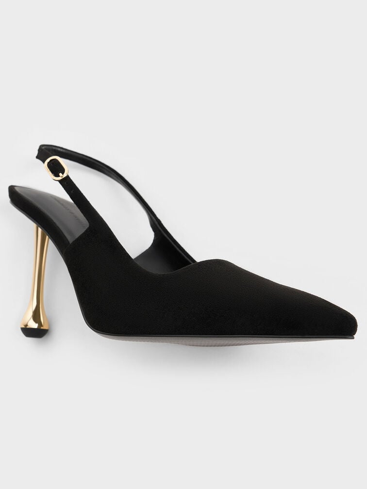Faux Suede Sculptural-Heel Pointed Pumps, Black Textured, hi-res
