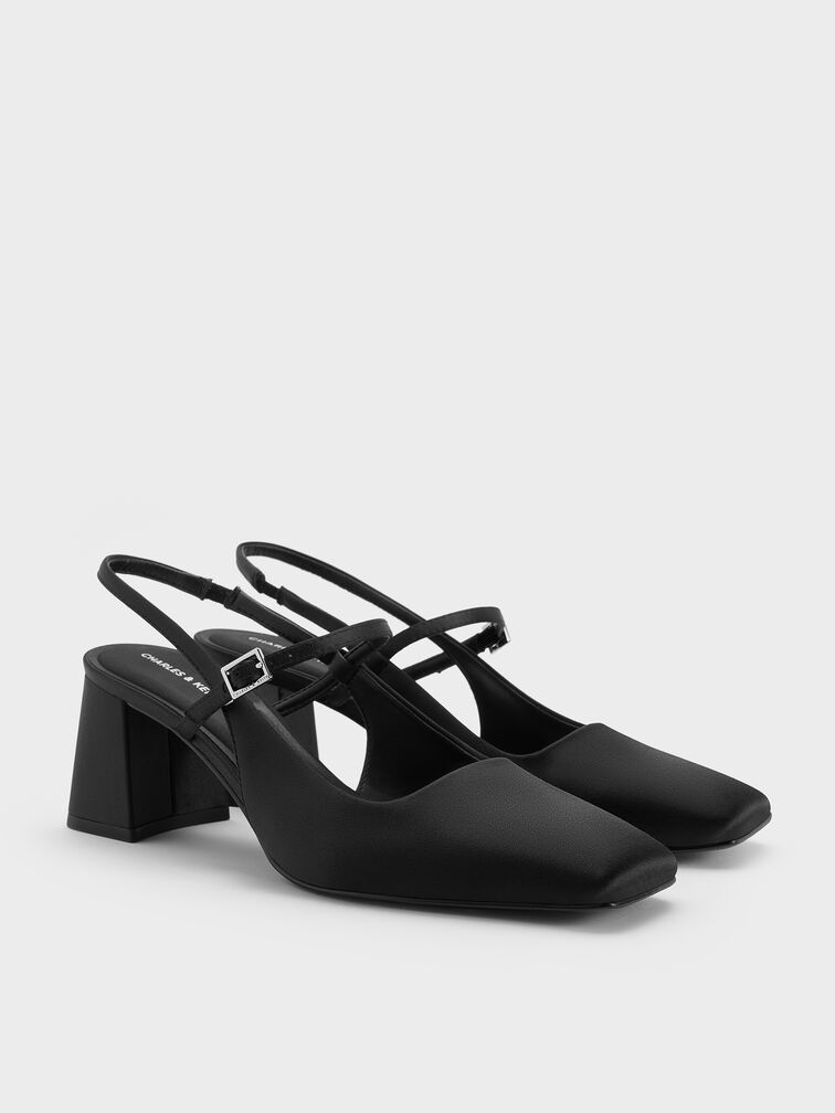 Square-Toe Mary Jane Slingback Pumps, Black Textured, hi-res
