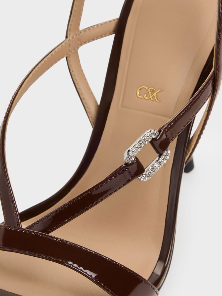 Patent Leather Crystal-Buckle Ankle-Strap Heels, Dark Brown, hi-res