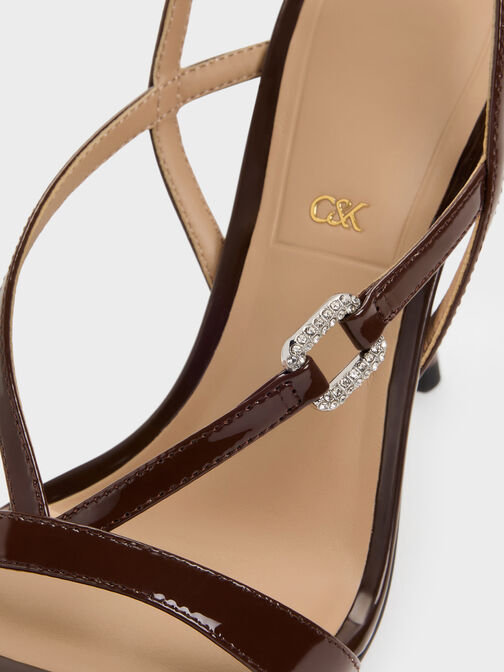 Patent Leather Crystal-Buckle Ankle-Strap Heels, Dark Brown, hi-res
