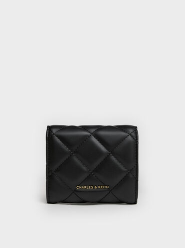 Arrietty Quilted Curved-Flap Wallet, Black, hi-res