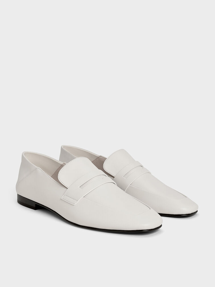Almond-Toe Penny Loafers, White, hi-res