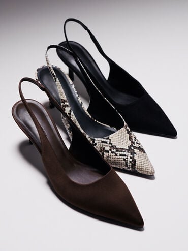 Kaia Faux Suede Pointed Slingback Pumps, Black Textured, hi-res