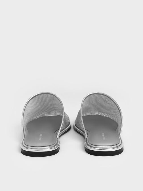 Mesh High-Vamp Flat Mules, Silver, hi-res