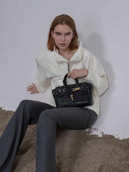 Mini Delfina Croc-Effect Belted Tote Bag, Black Croco, hi-res