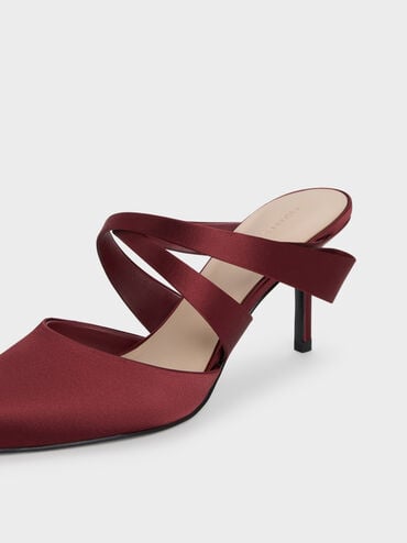Satin Pleated-Strap Heeled Mules, Red, hi-res
