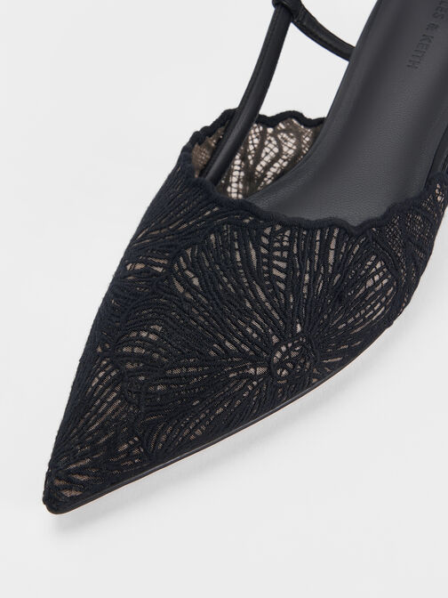 Meja Floral-Crochet Slingback Pumps, Black Textured, hi-res