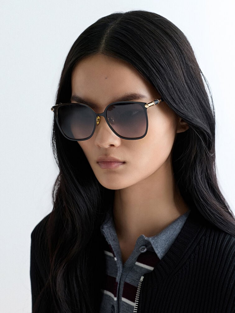 Ophelia Square Sunglasses, Black, hi-res