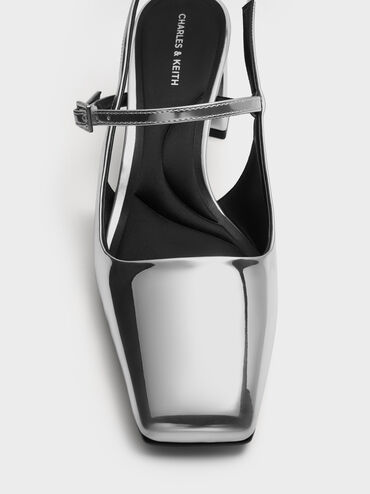 Metallic Square-Toe Mary Jane Slingback Pumps, Silver, hi-res