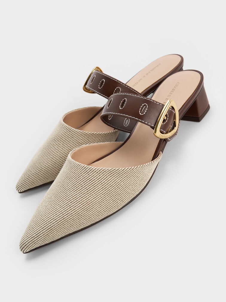 Sepphe Twill Buckle-Strap Heeled Mules, Brown, hi-res