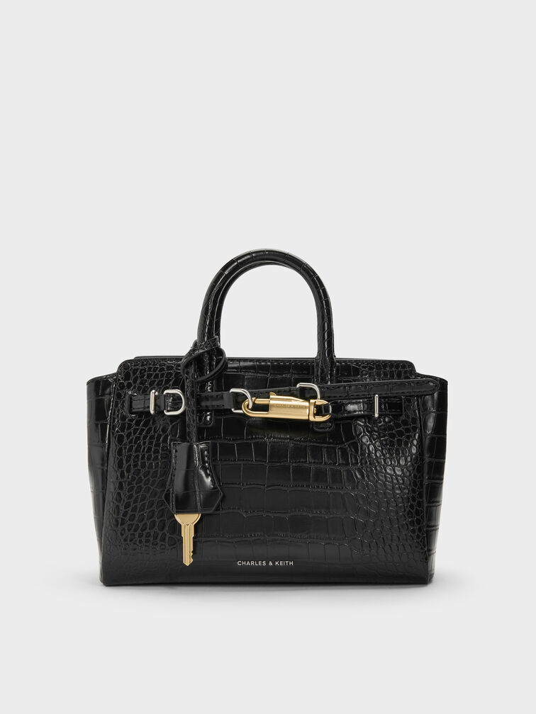 Mini Delfina Croc-Effect Belted Tote Bag, Black Croco, hi-res