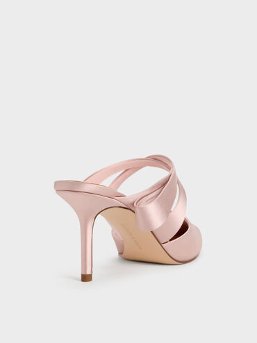 Satin Pleated-Strap Heeled Mules, Pink, hi-res