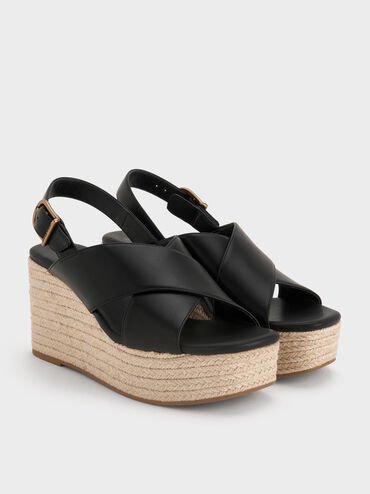 Crossover Espadrille Wedges, Black, hi-res
