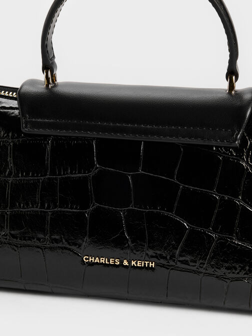 Lilibet Croc-Effect Elongated Top Handle Bag, Black, hi-res