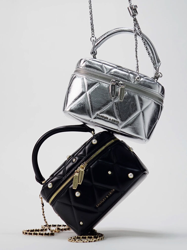 Arwen Metallic Quilted Vanity Bag, Silver, hi-res