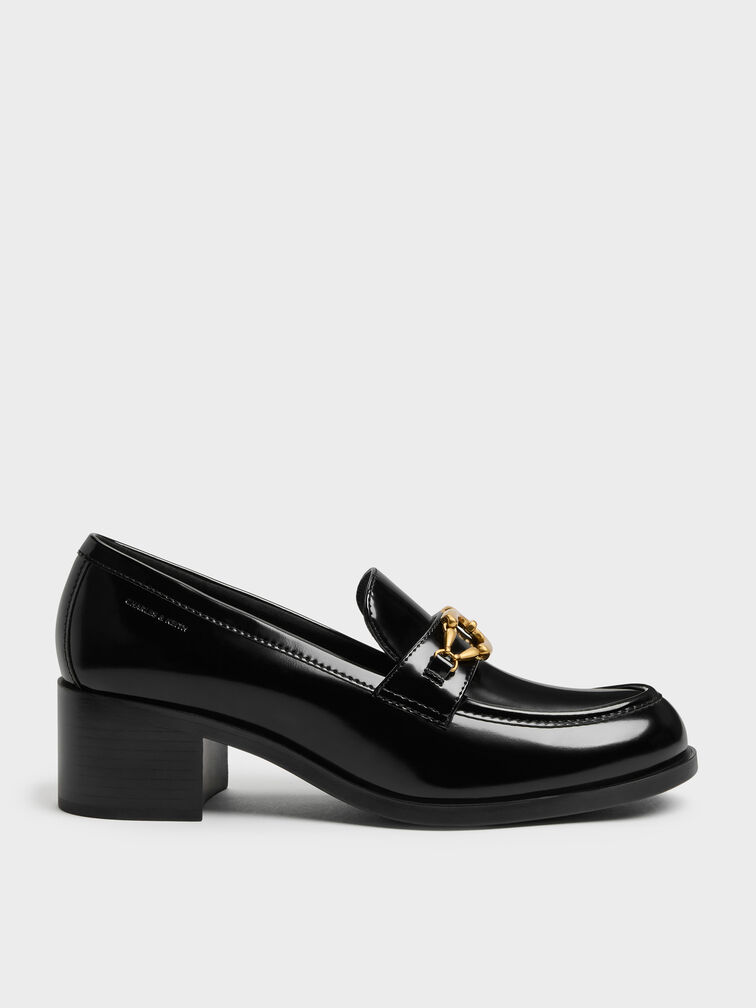 Metallic-Buckle Loafer Pumps, Black Boxed, hi-res