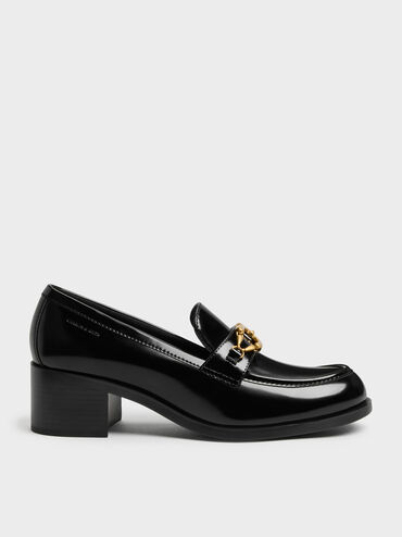 Metallic-Buckle Loafer Pumps, Black Boxed, hi-res