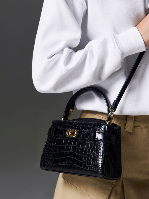 Aubrielle Croc-Effect Belted Top Handle Bag, Black, hi-res