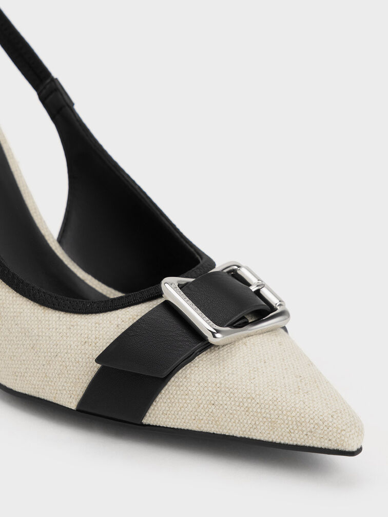 Anita Linen Buckled Pointed-Toe Slingback Pumps, Chalk, hi-res