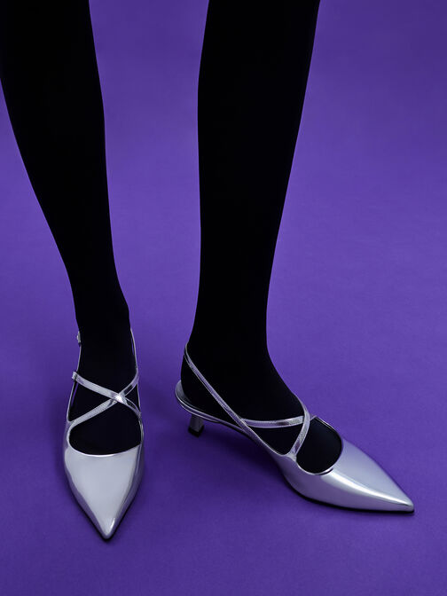 Pauline Metallic Crossover Kitten Heels, Silver, hi-res
