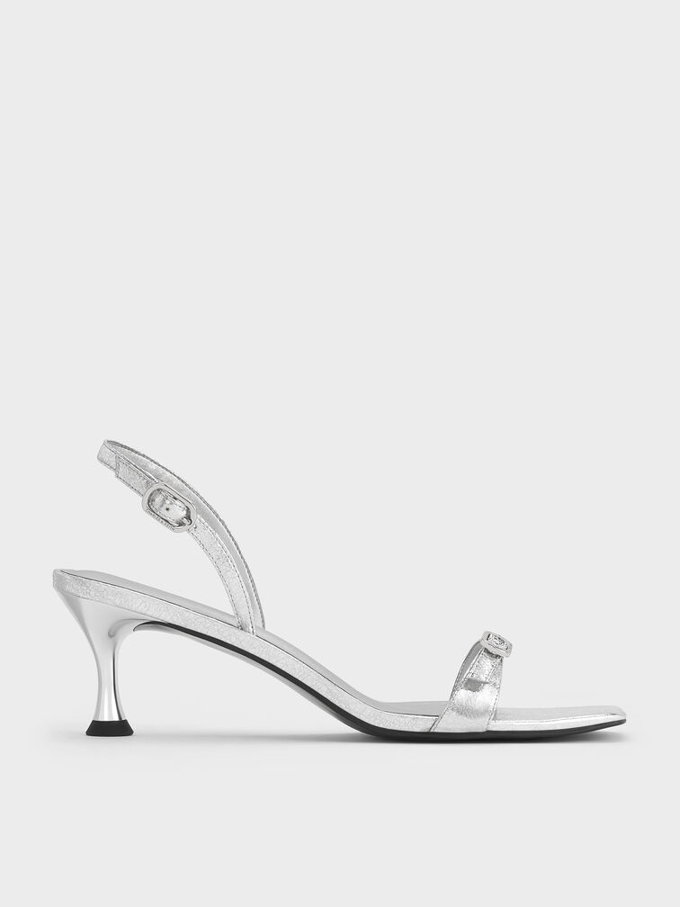 Metallic Crinkle-Effect Buckled Slingback Kitten Heels, Silver, hi-res
