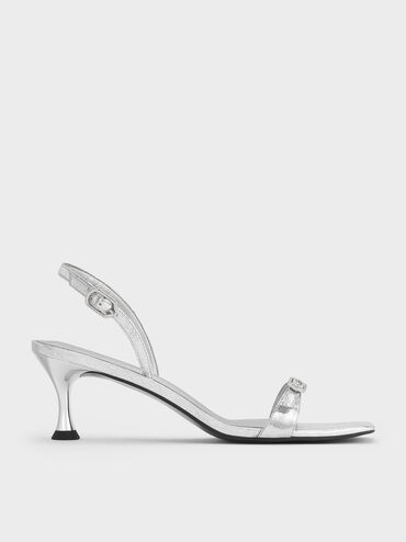 Metallic Crinkle-Effect Buckled Slingback Kitten Heels, Silver, hi-res
