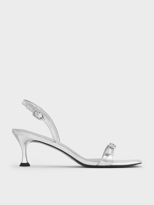 Metallic Crinkle-Effect Buckled Slingback Kitten Heels, Silver, hi-res