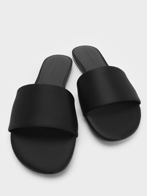 Satin Slide Sandals, Black Textured, hi-res