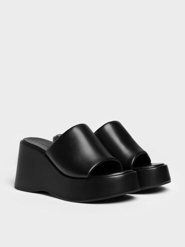 Wide-Strap Platform Wedges, Black, hi-res