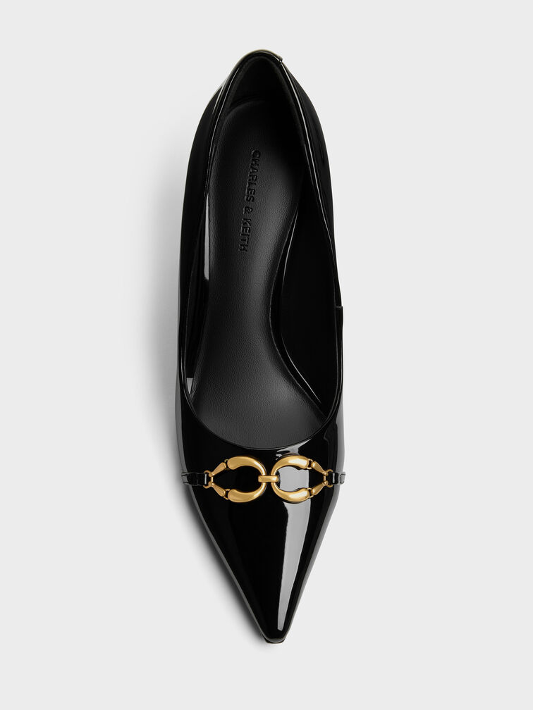 Patent Metallic-Buckle Pointed Pumps, Black Patent, hi-res