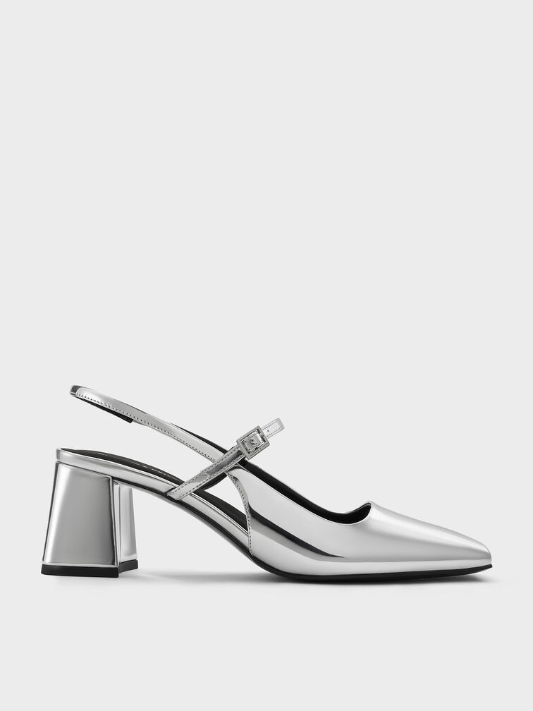 Metallic Square-Toe Mary Jane Slingback Pumps, Silver, hi-res